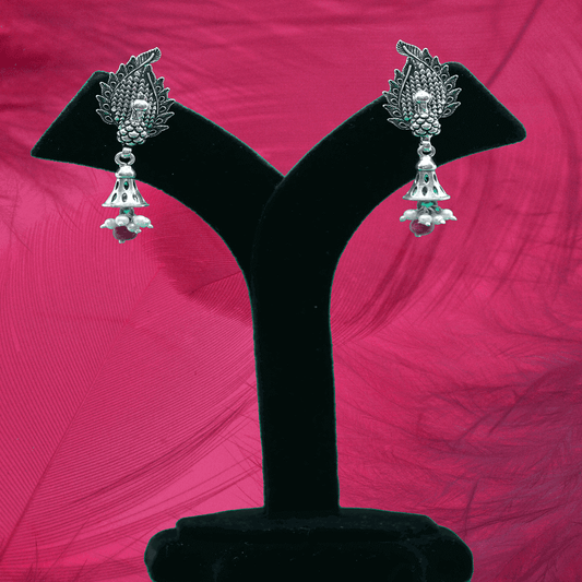 Dancing Peacock Jali Cylindrical Tokri Ruby Color Stone Drop Silver Jhumke