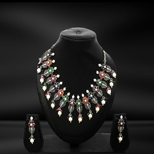 Antique Paan Shape Cut-Stone Cocktail Silver Long Necklace with Earrings