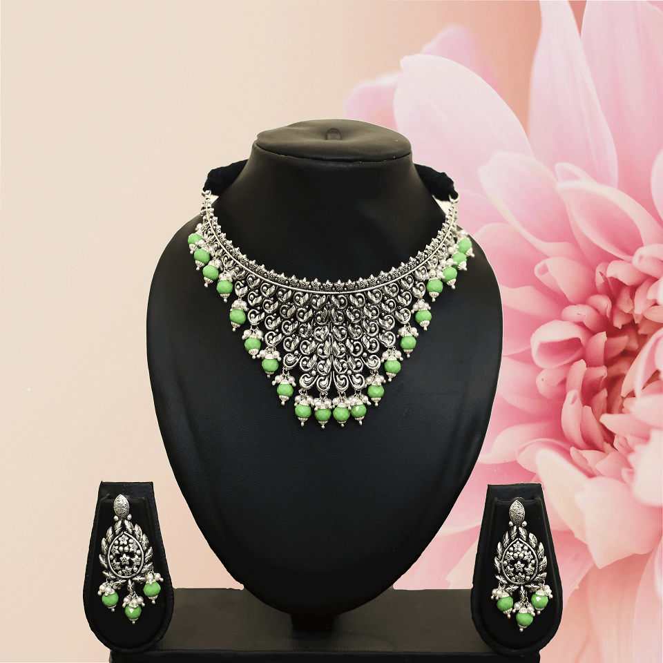 Antique Intricate with Light Green Stone Drop Necklace with Earring - Chaitanya Jewels