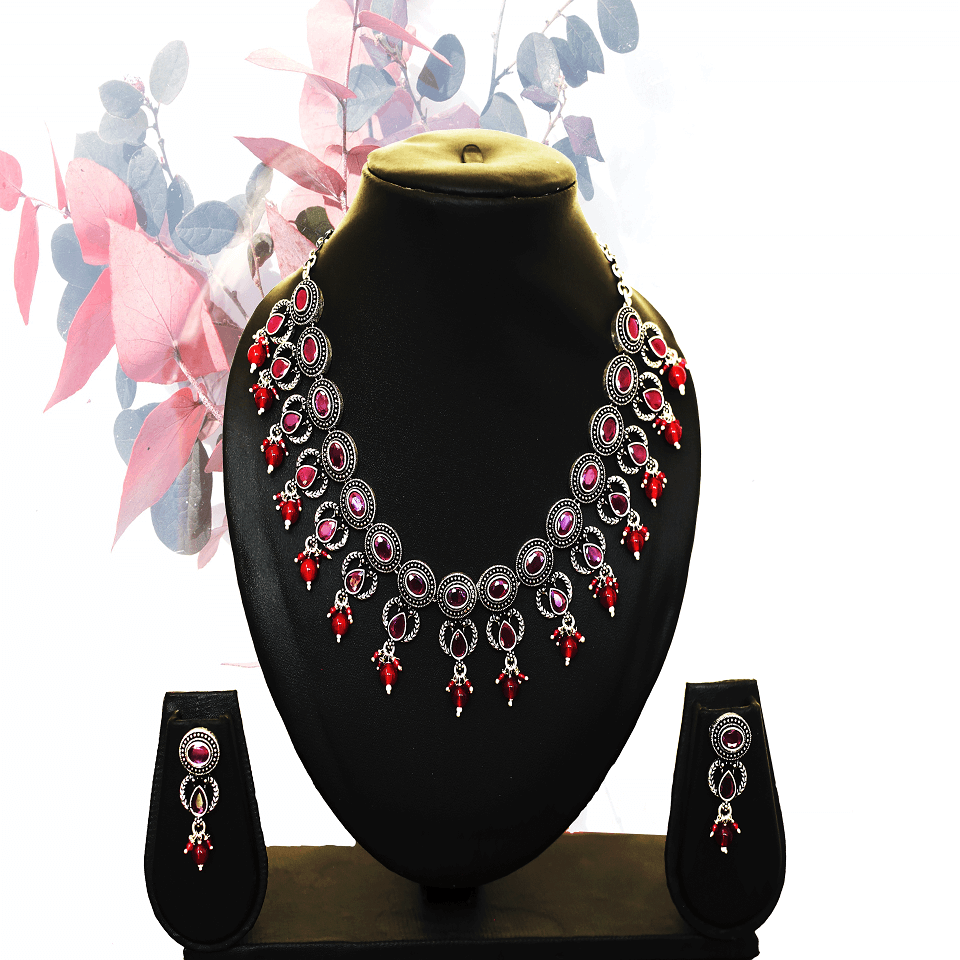 Antique Small Tikdi Sequence Ruby Cut-stone Silver Long Necklace with Earrings - Chaitanya Jewels