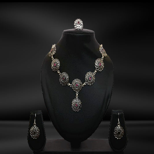 Antique Round Tikdi Wire Intricate Ruby Cut-stone Silver Long Necklace with Fish Hook Earrings & Rings